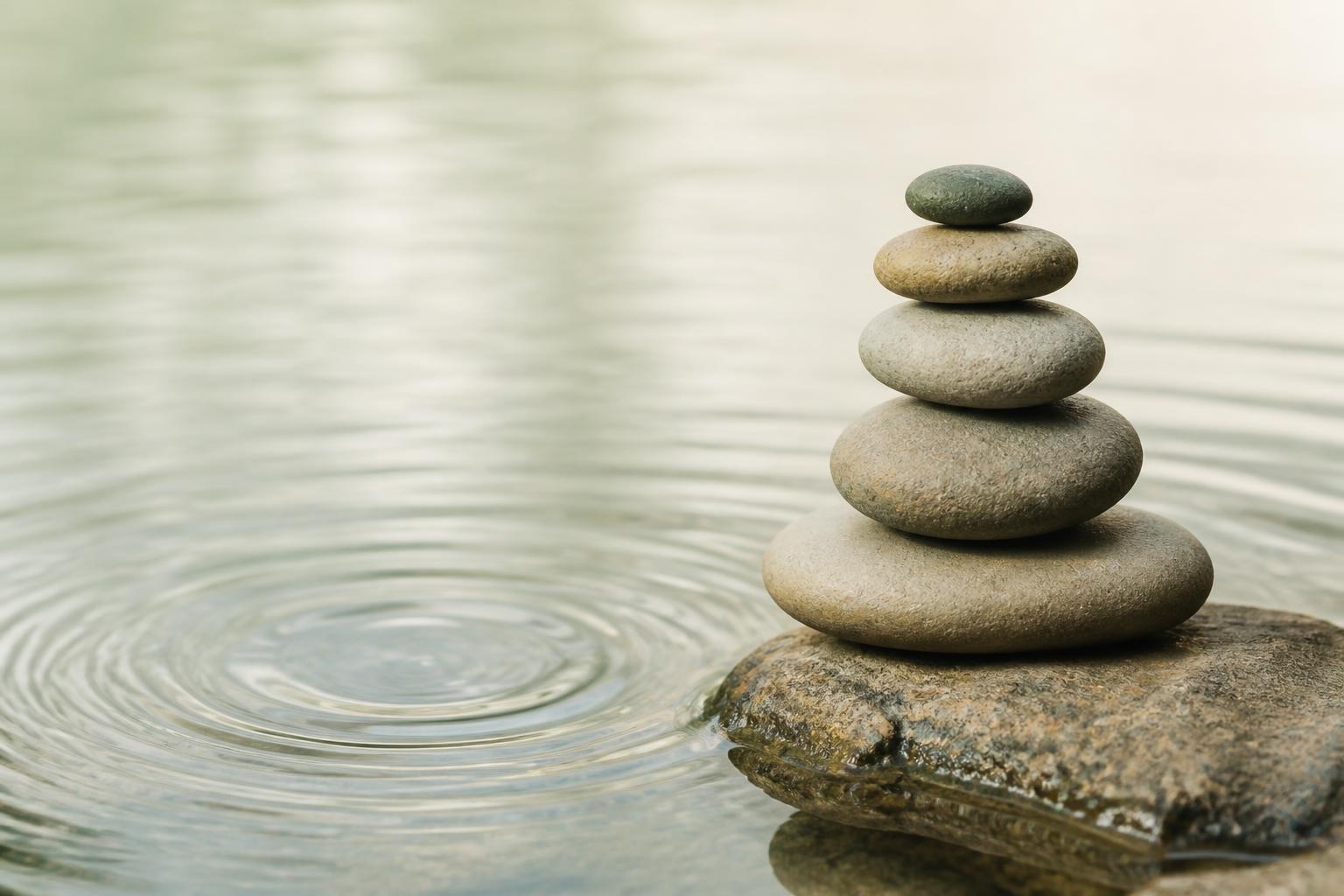 Stacked stones beside still water with gentle ripples