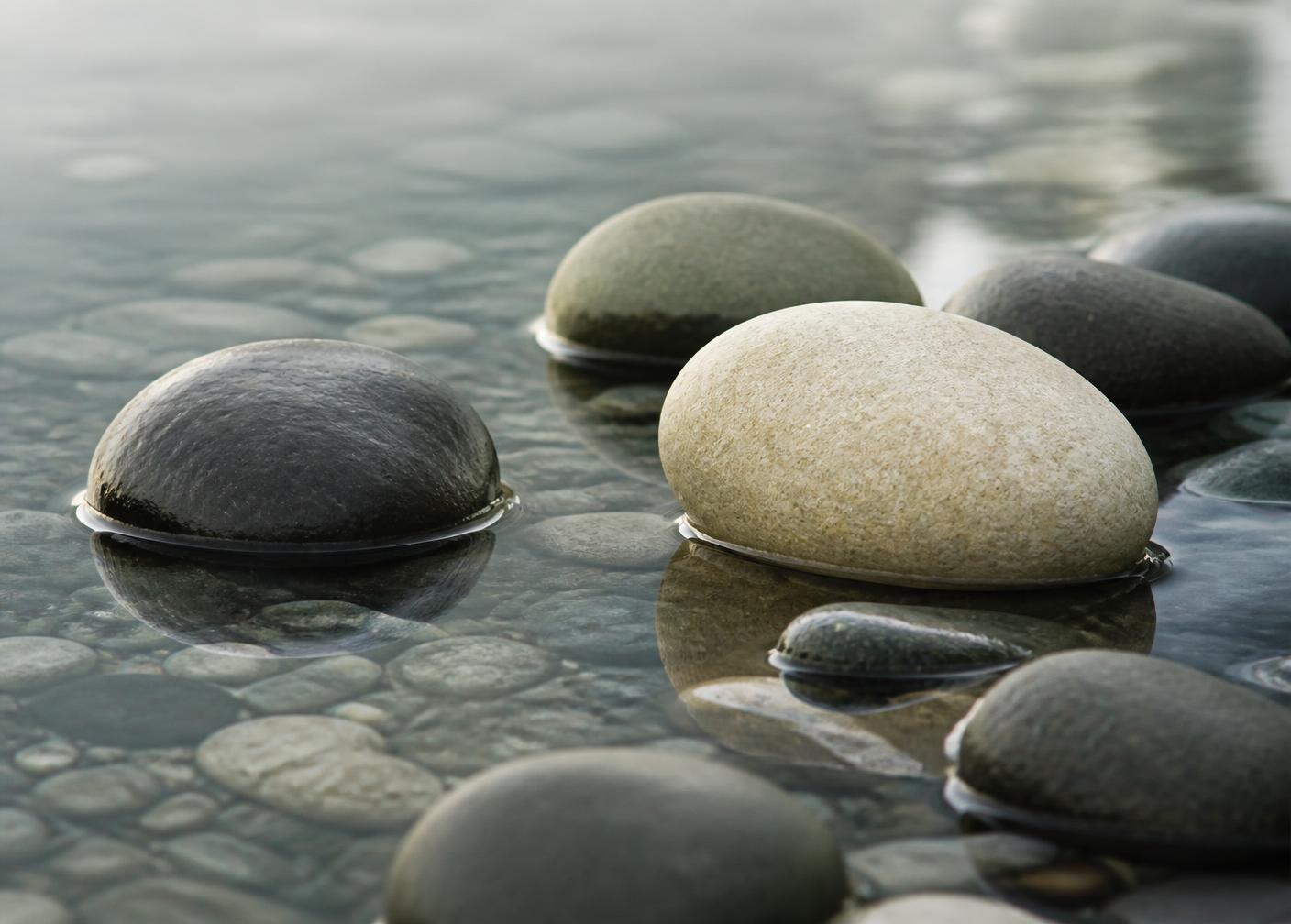 Smooth river stones resting in shallow still water